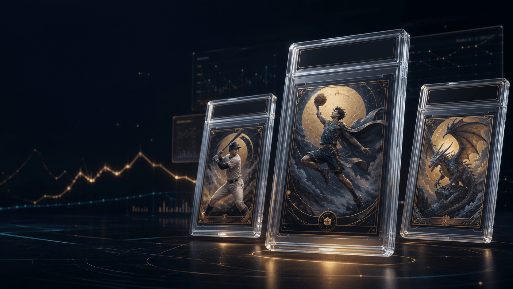 Fictional collectible cards visualized alongside market charts